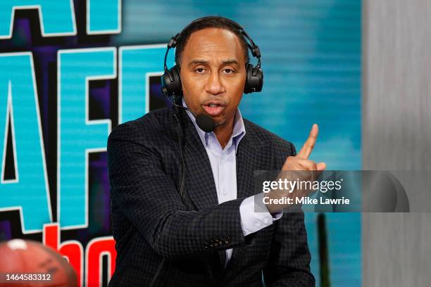 Personality Stephen A. Smith speaks on radio row ahead of Super Bowl LVII at the Phoenix Convention Center on February 9, 2023 in Phoenix, Arizona.