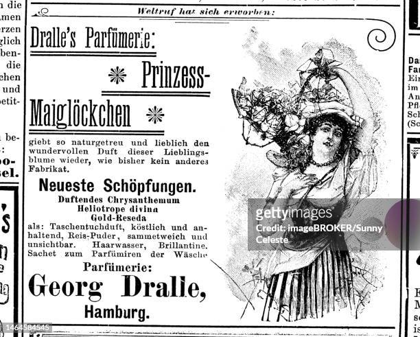 advertisement of the company georg dralle, parfuemerie, hamburg, for prinzess maigloeckchen perfume, 1890, germany, historic, digitally restored reproduction of an original from the 19th century, exact original date unknown - solid perfume stock illustrations