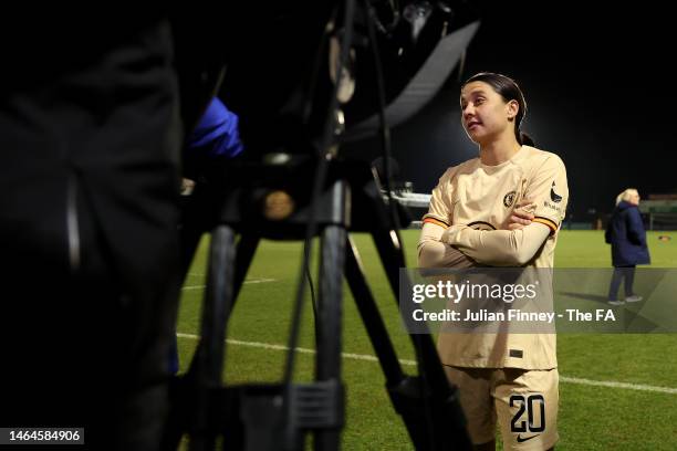 Sam Kerr of Chelsea speaks to the media after the FA Women's Continental Tyres League Cup Semi Final match between West Ham United Women and Chelsea...