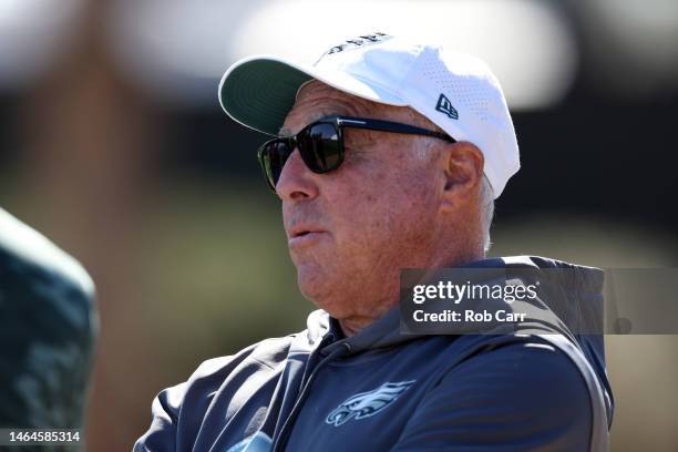 Owner Jeffrey Lurie of the Philadelphia Eagles participates in a practice session prior to Super Bowl LVII at Arizona Cardinals Training Center on...