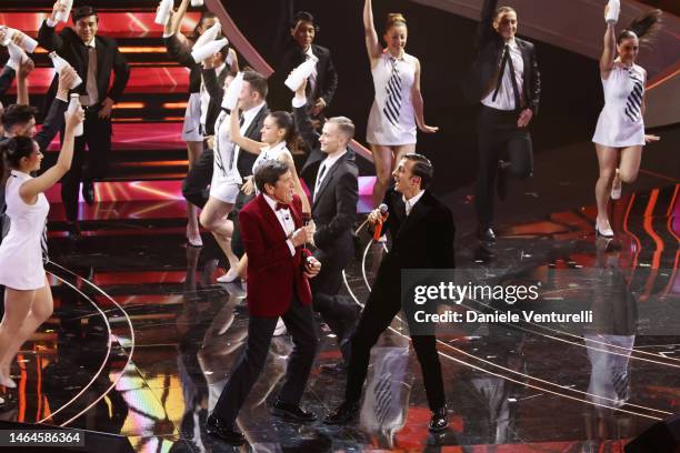 Gianni Morandi and Sangiovanni attend the 73rd Sanremo Music Festival 2023 at Teatro Ariston on February 09, 2023 in Sanremo, Italy.