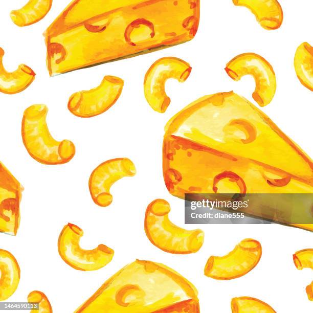stockillustraties, clipart, cartoons en iconen met watercolor  macaroni and cheese seamless background pattern - macaroni en kaas