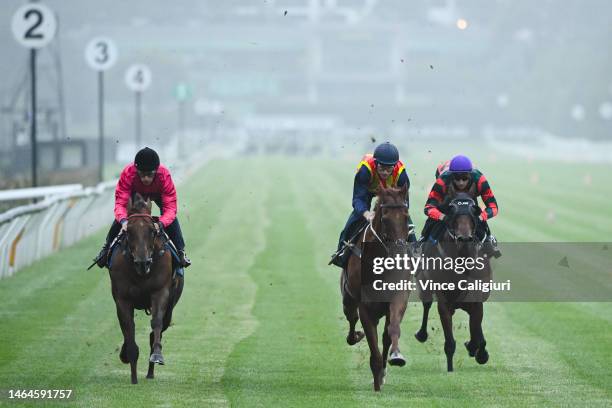 James McDonald riding Nature Strip defeats Jamie Mott riding Roch 'N' Horse and Blake Shinn riding September Run during a jump out up the straight at...