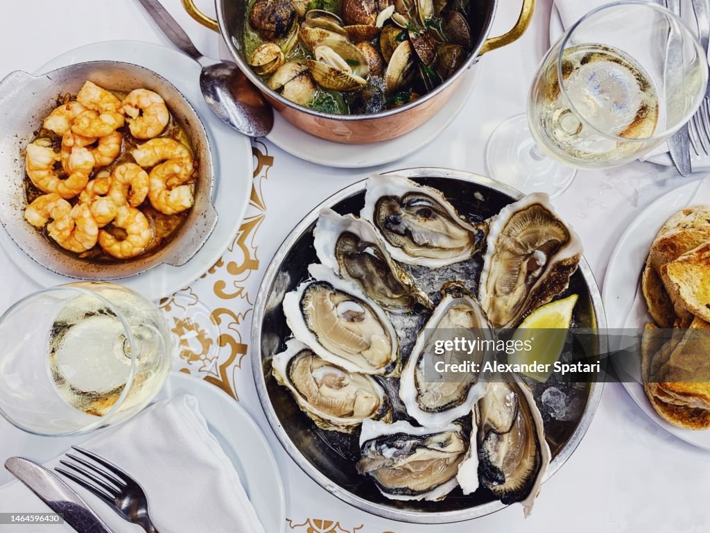 Oysters, shrimps and clams at seafood restaurant