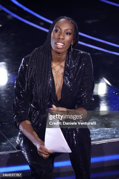 Paola Egonu attends the 73rd Sanremo Music Festival 2023 at Teatro Ariston on February 09, 2023 in Sanremo, Italy.