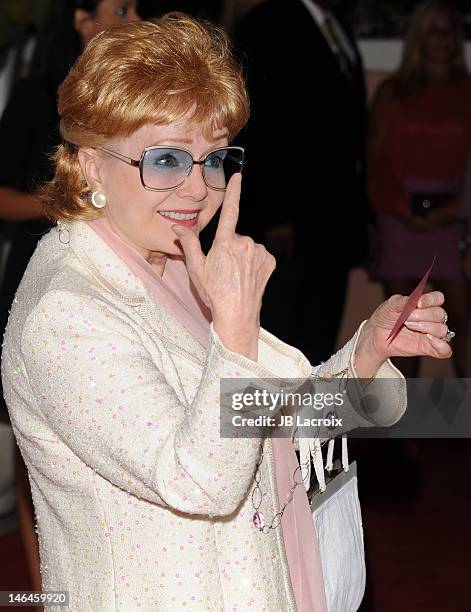 Debbie Reynolds attends the 100th anniversary celebration of the Beverly Hills Hotel & Bungalows supporting the Motion Picture & Television Fund and...