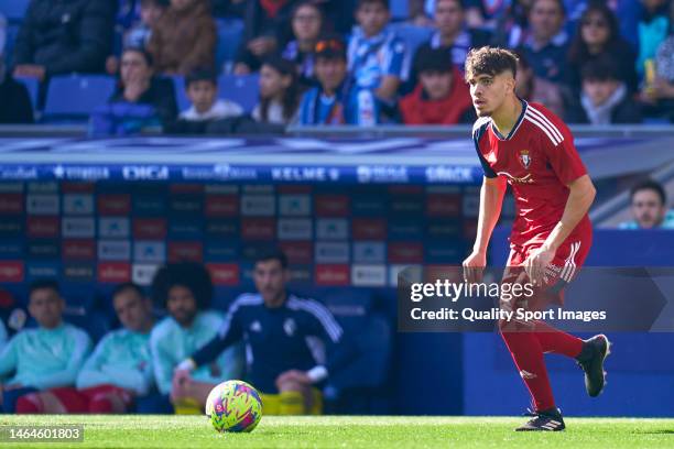 Abde Ezzalzouli of CA Osasuna with the ball during the LaLiga Santander match between RCD Espanyol and CA Osasuna at RCDE Stadium on February 04,...