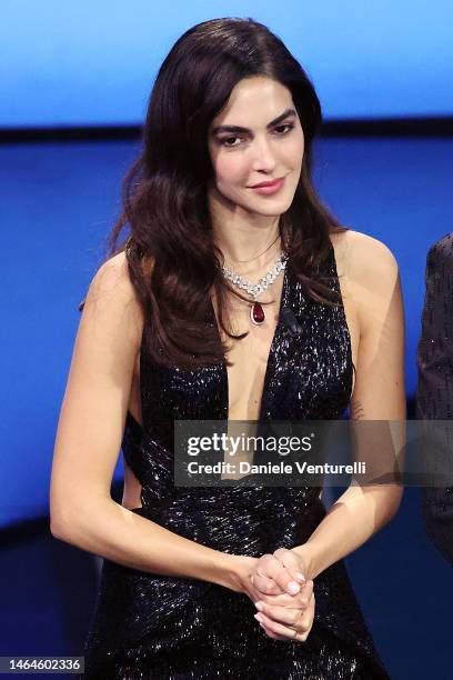 Rocío Muñoz Morales attends the 73rd Sanremo Music Festival 2023 at Teatro Ariston on February 09, 2023 in Sanremo, Italy.