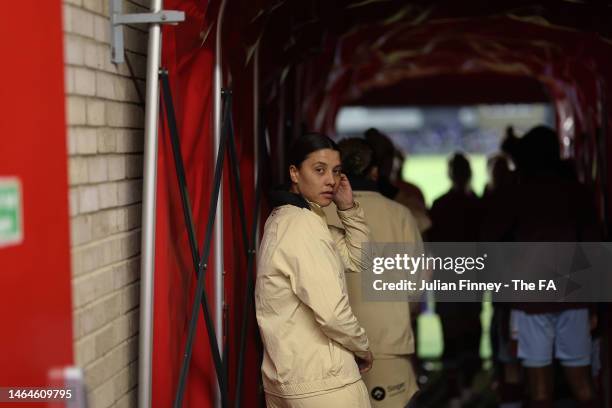 Sam Kerr of Chelsea lines up in the tunnel prior to the FA Women's Continental Tyres League Cup Semi Final match between West Ham United Women and...