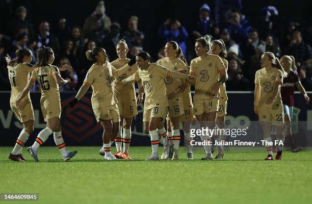 Sam Kerr of Chelsea celebrates scoring the first goal during the FA Women's Continental Tyres League Cup Semi Final match between West Ham United...