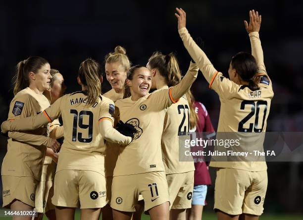 Guro Reiten of Chelsea celebrates scoring a goal with teammates after she scores her teams seventh goal during the FA Women's Continental Tyres...