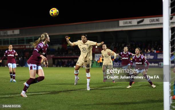 Sam Kerr of Chelsea scores her teams sixth goal during the FA Women's Continental Tyres League Cup Semi Final match between West Ham United Women and...