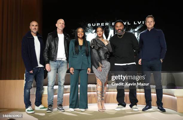 Zane Lowe, Tor Myhren, Nadeska Alexis, Rihanna, Ebro Darden and Oliver Schusser pose during the Apple Music Super Bowl LVII Halftime Show Press...