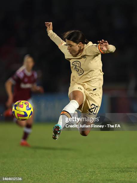 Sam Kerr of Chelsea in action during the FA Women's Continental Tyres League Cup Semi Final match between West Ham United Women and Chelsea Women at...