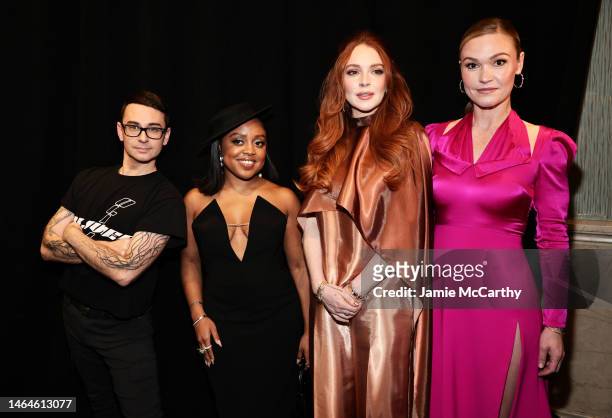 Christian Siriano, Quinta Brunson, Lindsay Lohan and Julia Stiles pose backstage at the Christian Siriano Fall/Winter 2023 NYFW Show at Gotham Hall...