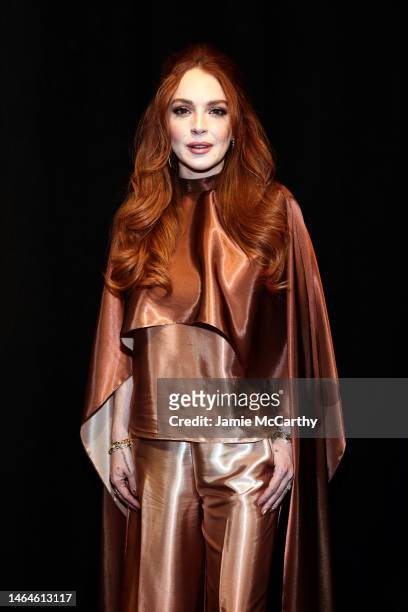 Lindsay Lohan poses backstage at the Christian Siriano Fall/Winter 2023 NYFW Show at Gotham Hall on February 09, 2023 in New York City.