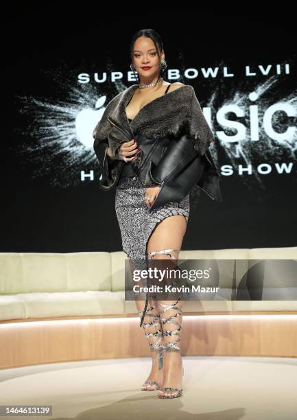 Rihanna poses onstage during the Apple Music Super Bowl LVII Halftime Show Press Conference at Phoenix Convention Center on February 09, 2023 in...