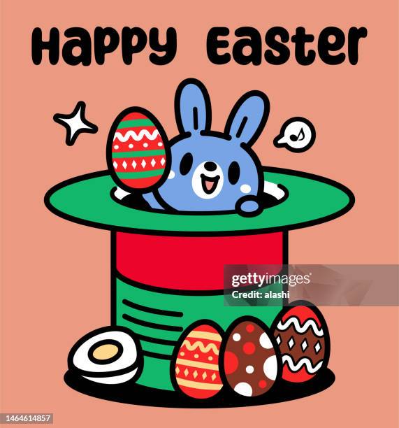 a cute easter bunny turning up from a big magic top hat and sending lots of easter eggs - giant rabbit stock illustrations