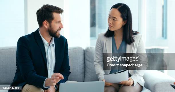 job interview, woman and man on sofa with feedback on salary negotiation in human resources office. recruit, hr manager at startup meeting to discuss performance and contract with recruitment agent. - feedback business stock pictures, royalty-free photos & images