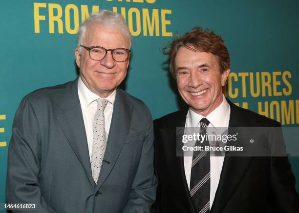 Steve Martin and Martin Short pose at the opening night of the play "Pictures From Home" on Broadway at The Studio 54 Theater on February 9, 2023 in...