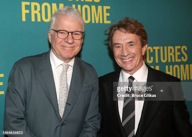 Steve Martin and Martin Short pose at the opening night of the play "Pictures From Home" on Broadway at The Studio 54 Theater on February 9, 2023 in...