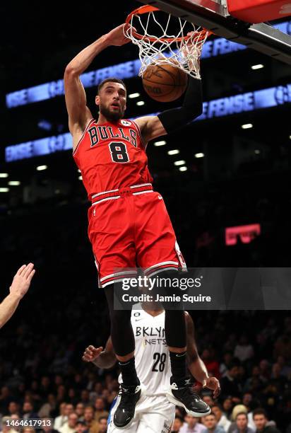 Zach LaVine of the Chicago Bulls dunks during the game against the Brooklyn Nets at Barclays Center on February 09, 2023 in New York City.