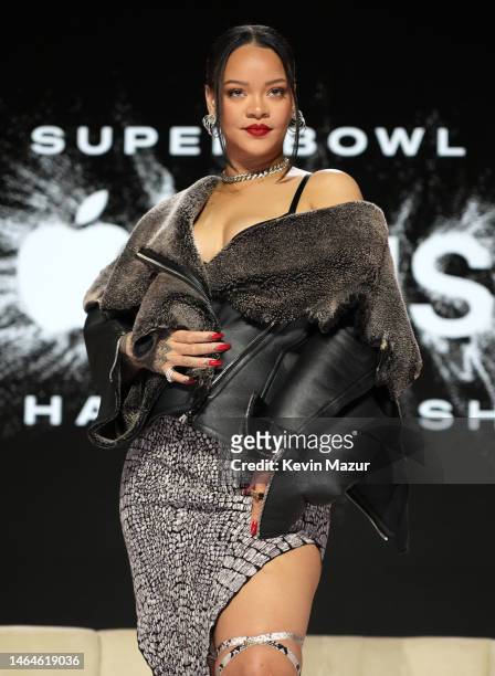 Rihanna poses onstage during the Apple Music Super Bowl LVII Halftime Show Press Conference at Phoenix Convention Center on February 09, 2023 in...