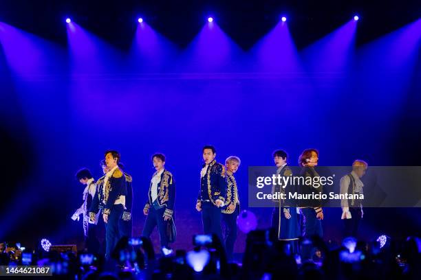 Leeteuk, Heechul, Yesung, Shindong, Donghae, Eunhyuk, Siwon, Ryeowook and Kyuhyun of Super Junior perform live on stage during a concert as part of...