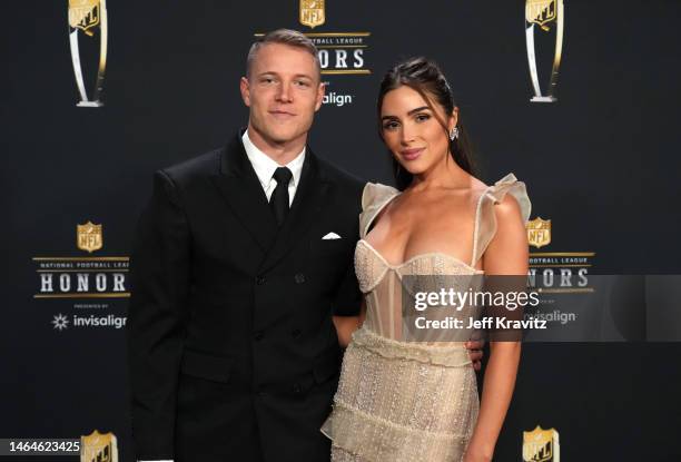 Christian McCaffrey and Olivia Culpo attend the 12th Annual NFL Honors at Symphony Hall on February 09, 2023 in Phoenix, Arizona.