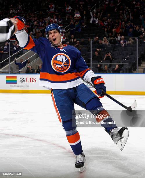 Bo Horvat of the New York Islanders celebrates a goal that was later disallowed during the second period against the Vancouver Canucks at UBS Arena...