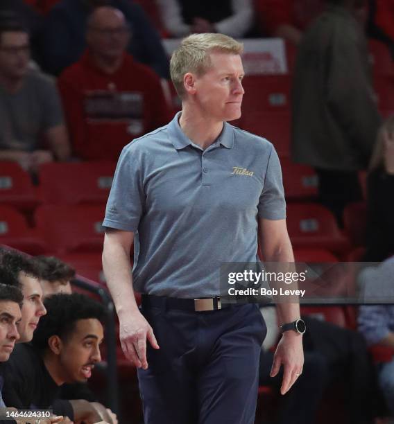 Head coach Eric Konkol of the Tulsa Golden Hurricane against the Houston Cougars at Fertitta Center on February 08, 2023 in Houston, Texas.