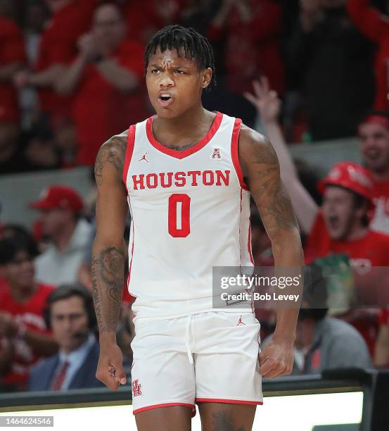 Marcus Sasser of the Houston Cougars against the Tulsa Golden Hurricane at Fertitta Center on February 08, 2023 in Houston, Texas.