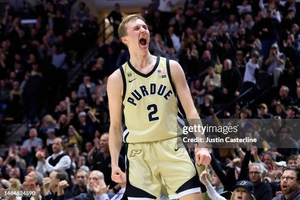 Fletcher Loyer of the Purdue Boilermakers celebrates after a three pointer during the second half in the game against the Iowa Hawkeyes at Mackey...