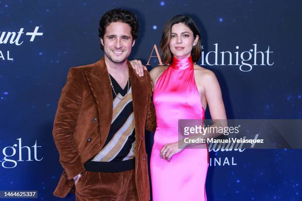 Diego Boneta and Monica Barbaro pose for a photo during the blue carpet for the movie "At Midnight" at Centro Cultural Roberto Cantoral on February...