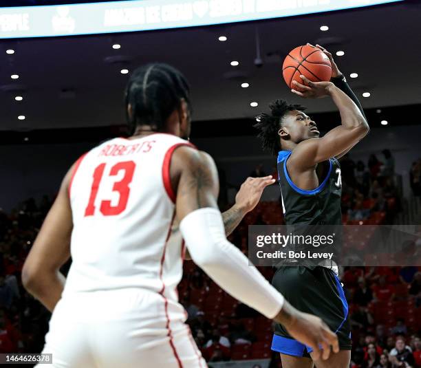 Tim Dalger of the Tulsa Golden Hurricane shoots against the Houston Cougars at Fertitta Center on February 08, 2023 in Houston, Texas.