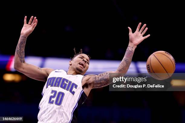 Markelle Fultz of the Orlando Magic reacts after having the ball blocked from Nikola Jokic of the Denver Nuggets during the fourth quarter at Amway...