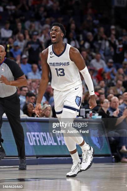 Jaren Jackson Jr. #13 of the Memphis Grizzlies reacts during the game against the Chicago Bulls at FedExForum on February 07, 2023 in Memphis,...