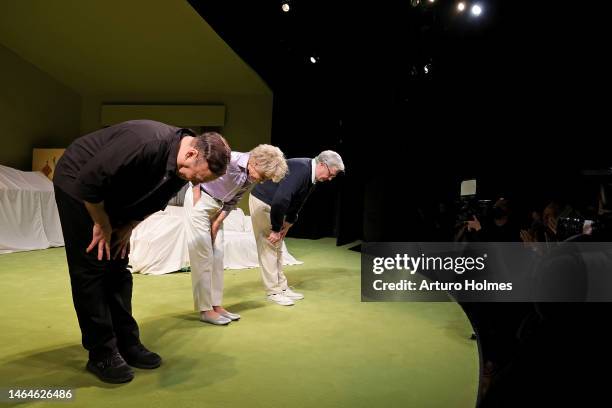 Danny Burstein, Zoë Wanamaker, and Nathan Lane take a bow during "Pictures From Home" Broadway Opening Night at Studio 54 on February 09, 2023 in New...