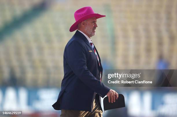 Television commentator Matthew Hayden is seen prior to the start of day two of the First Test match in the series between India and Australia at...