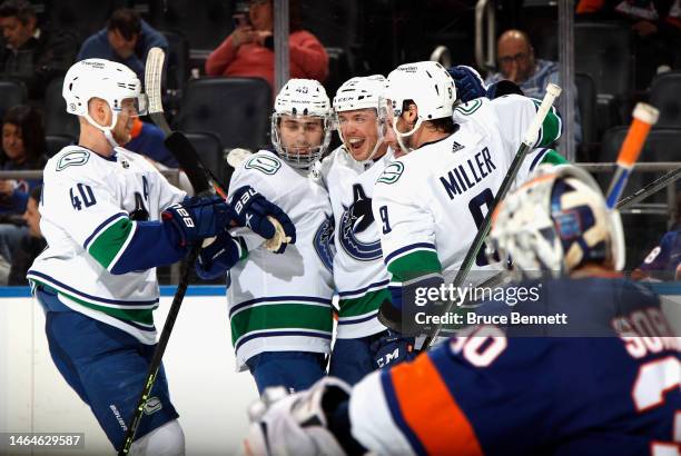Anthony Beauvillier of the Vancouver Canucks celebrates his third period goal against the New York Islanders at UBS Arena on February 09, 2023 in...