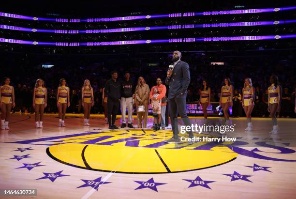 LeBron James of the Los Angeles Lakers speaks as he is honored in a ceremony as the NBA's all-time leading scorer, surpassing Kareem Abdul-Jabbar's...