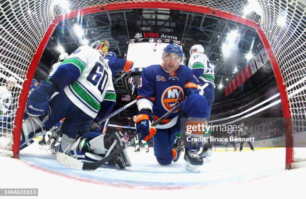 Kyle Palmieri of the New York Islanders pauses as time runs out against Collin Delia and the Vancouver Canucks at UBS Arena on February 09, 2023 in...