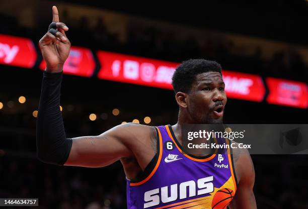 Deandre Ayton of the Phoenix Suns reacts against the Atlanta Hawks during the first quarter at State Farm Arena on February 09, 2023 in Atlanta,...