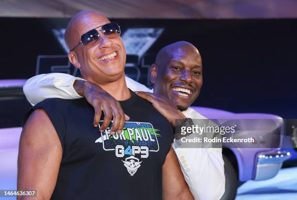 Vin Diesel and Tyrese Gibson attend the trailer launch of Universal Pictures' "Fast X" at Regal LA Live on February 09, 2023 in Los Angeles,...