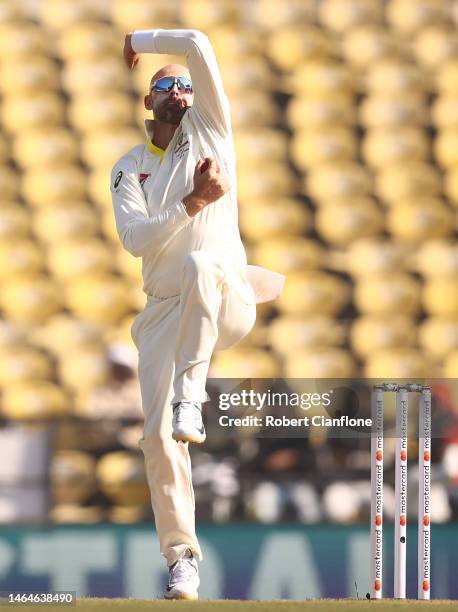 Nathan Lyon of Australia bowls during day two of the First Test match in the series between India and Australia at Vidarbha Cricket Association...