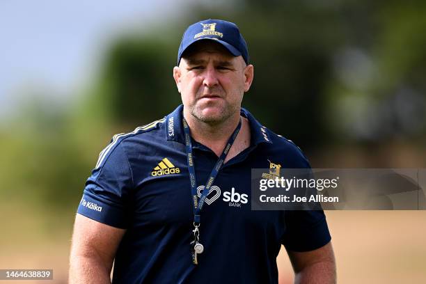 Head coach Clarke Dermody of the Highlanders looks on ahead of the Super Rugby trial match for the 2023 Farmlands Cup between the Crusaders and the...