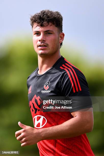 Macca Springer of the Crusaders looks on ahead of the Super Rugby trial match for the 2023 Farmlands Cup between the Crusaders and the Highlanders at...