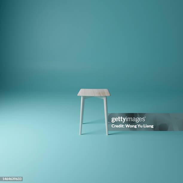 single wooden chair with blue background and a lot of copyspace ,3d render - silla vacía fotografías e imágenes de stock