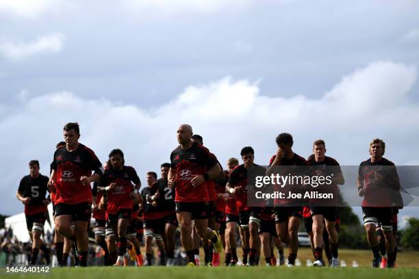 The Crusaders leave the field ahead of the Super Rugby trial match for the 2023 Farmlands Cup between the Crusaders and the Highlanders at Valley...