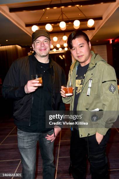 Brandon Auman and Sung-Jin Ahn attend the SCAD Reception during SCAD TVFEST 2023 on February 09, 2023 in Atlanta, Georgia.